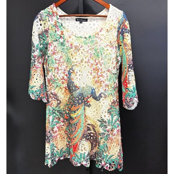 Mechant Eyelet Lace Peacock Boho Tunic Top Size S 3/4 Sleeve Scoop Neck - Picture 1 of 12
